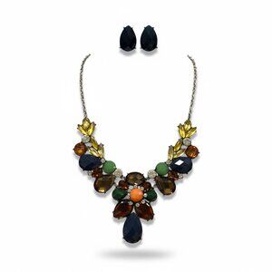 Victorian look Multi Color Brown Green Lucite Stud Necklace Earring Set